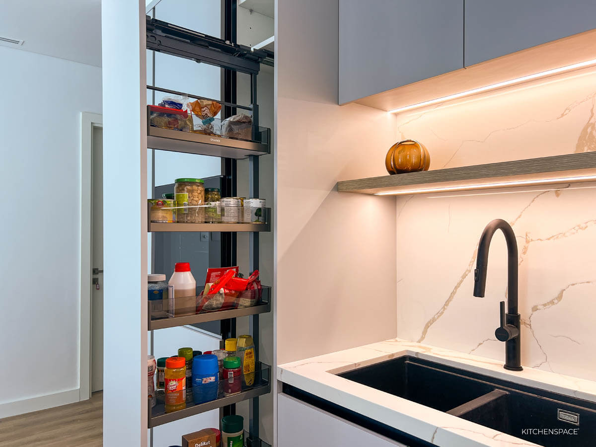 Modern Grey Kitchen  with Waterfall Island